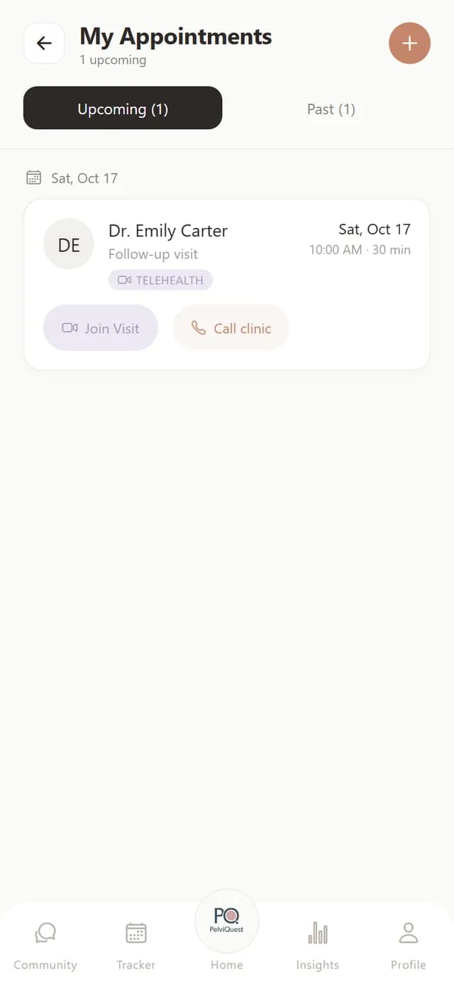 My Appointments screen with a video visit and Join Visit button