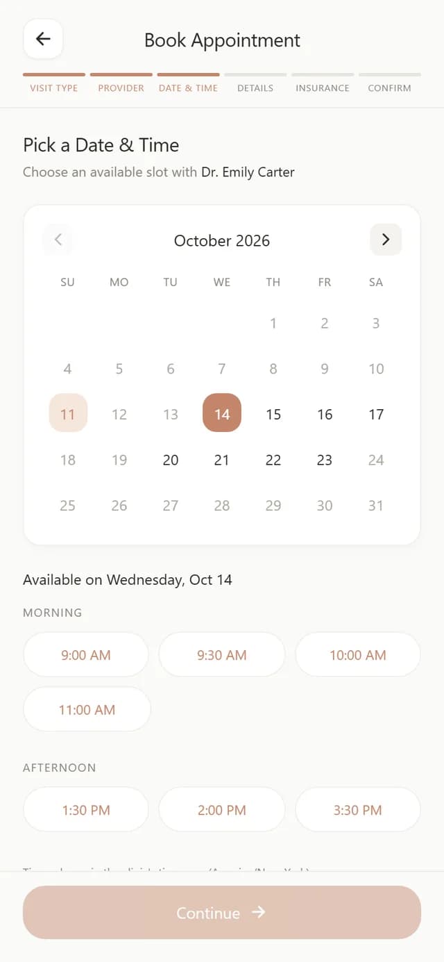 Booking calendar with available time slots