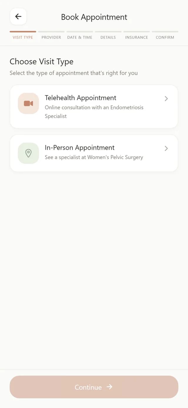 Book Appointment screen with visit type choices