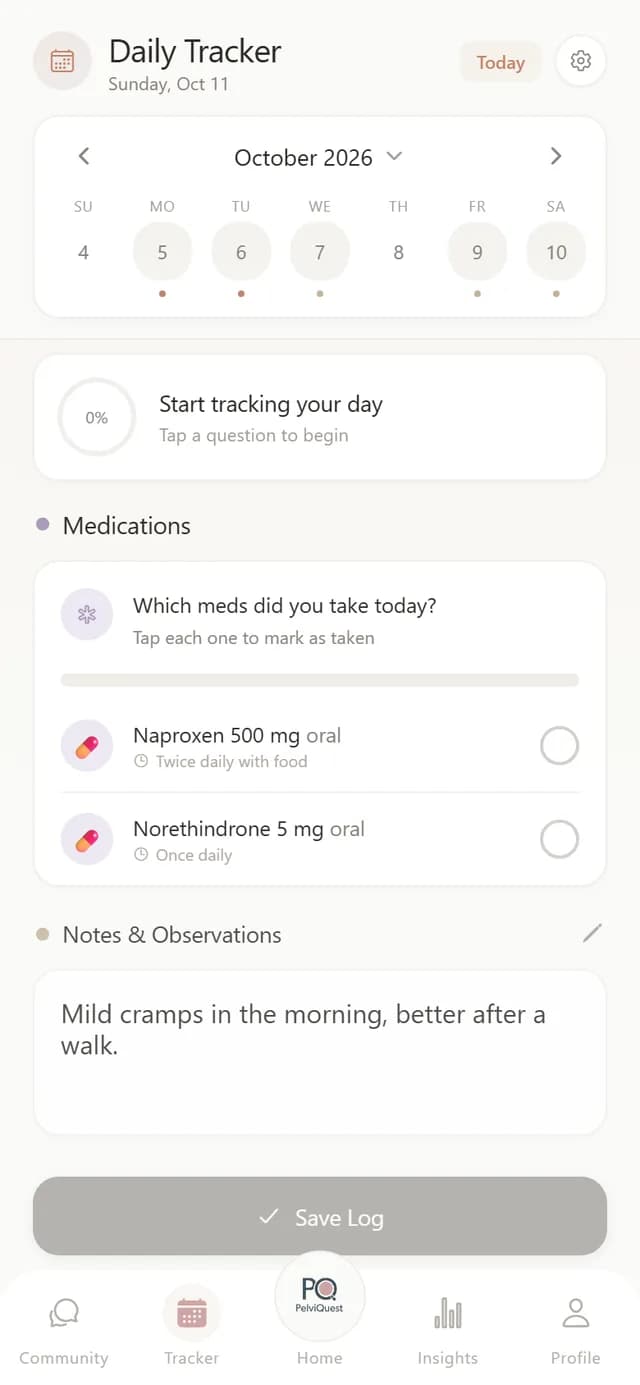 Daily Tracker screen with calendar, medications and notes