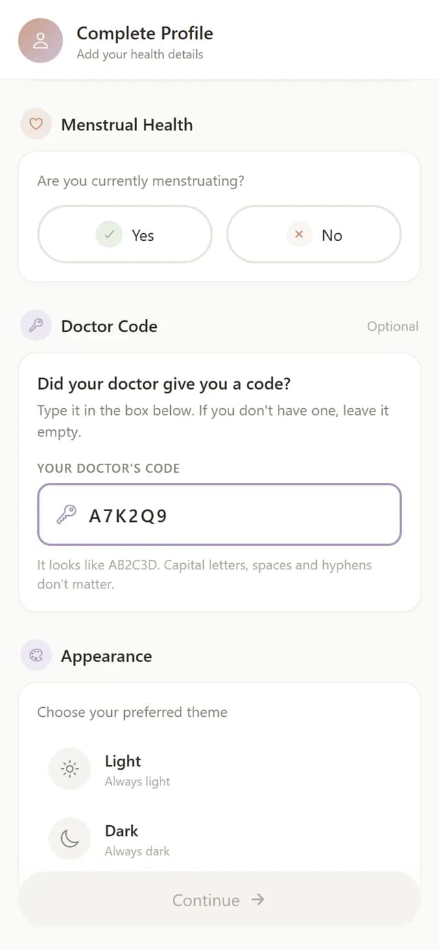 Complete Profile screen showing the Doctor Code box