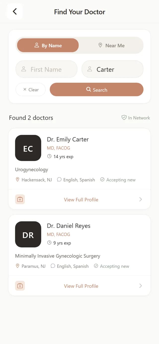 Find Your Doctor screen with two search results