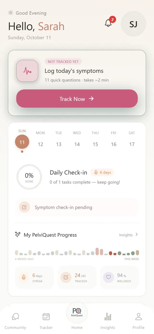 Home screen with Track Now button, weekly calendar and progress