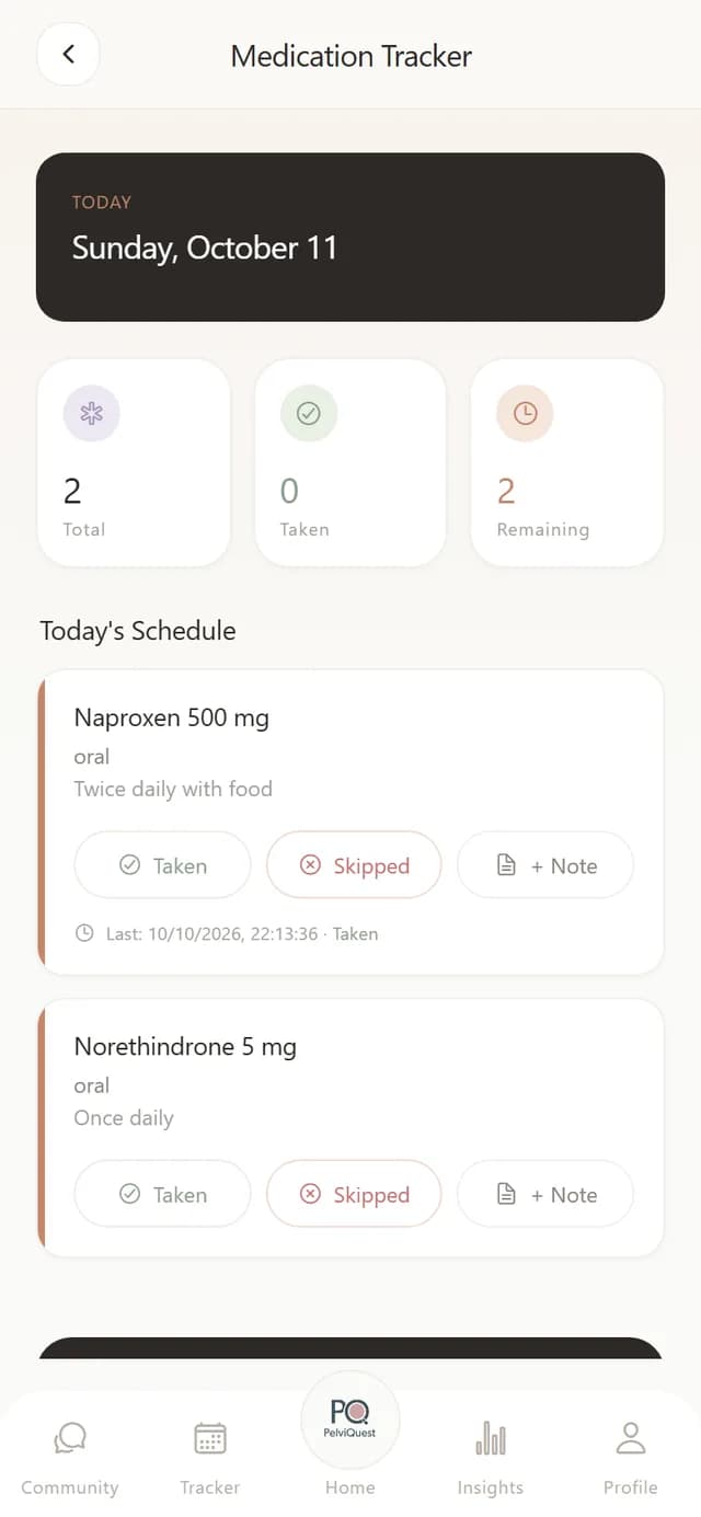 Medication Tracker screen with Taken, Skipped and Note buttons