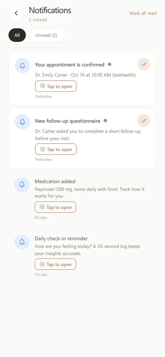 Notifications screen with appointment and questionnaire alerts