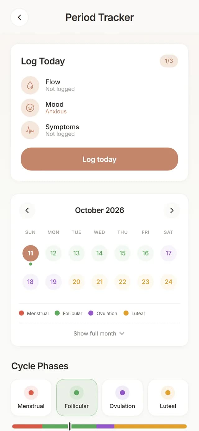 Period Tracker screen with log card, calendar and cycle phases