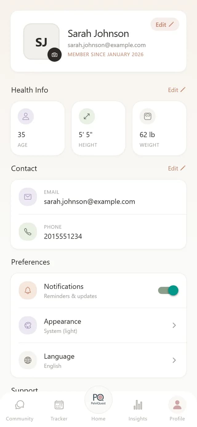 Profile screen with health info, contact and preferences