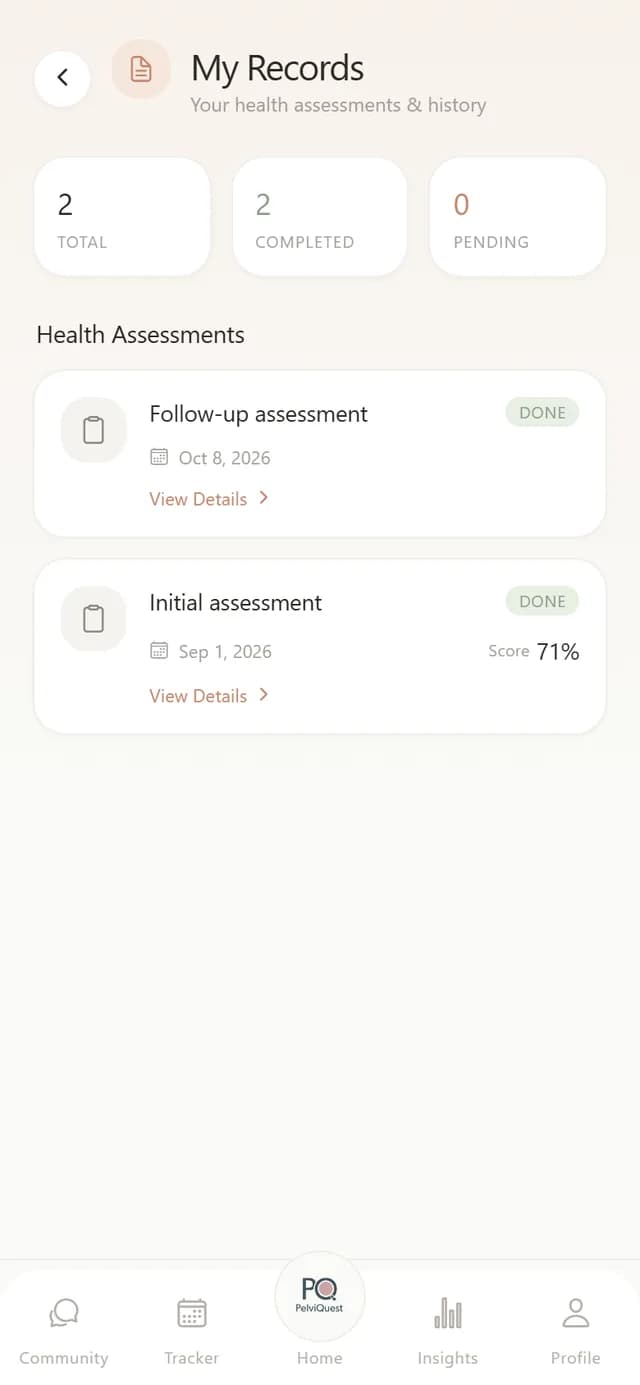 My Records screen listing completed assessments