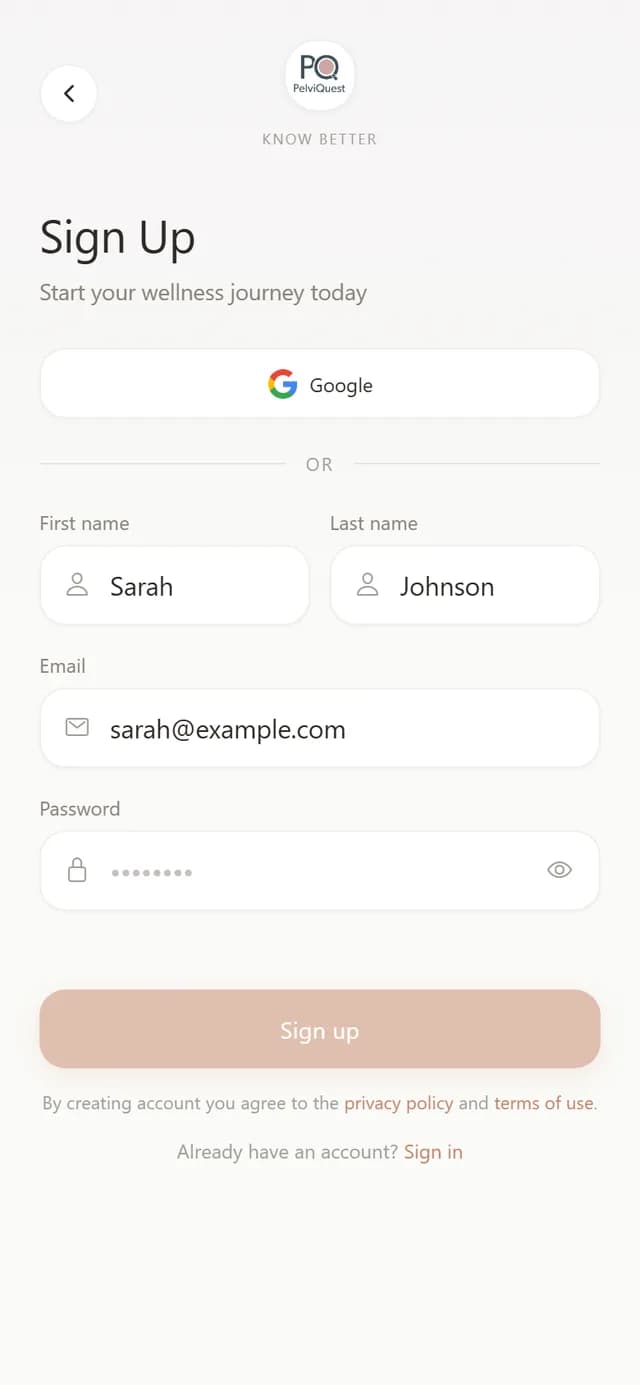 Sign Up screen with name, email and password fields