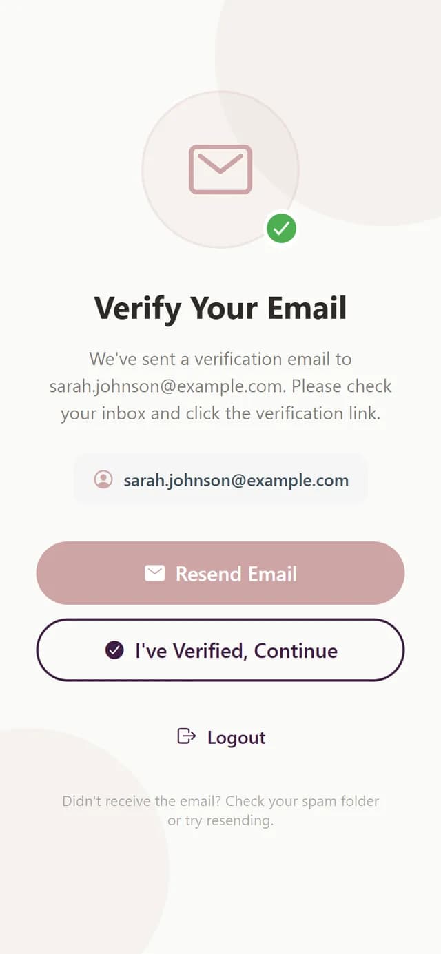 Verify Your Email screen with Resend and Continue buttons